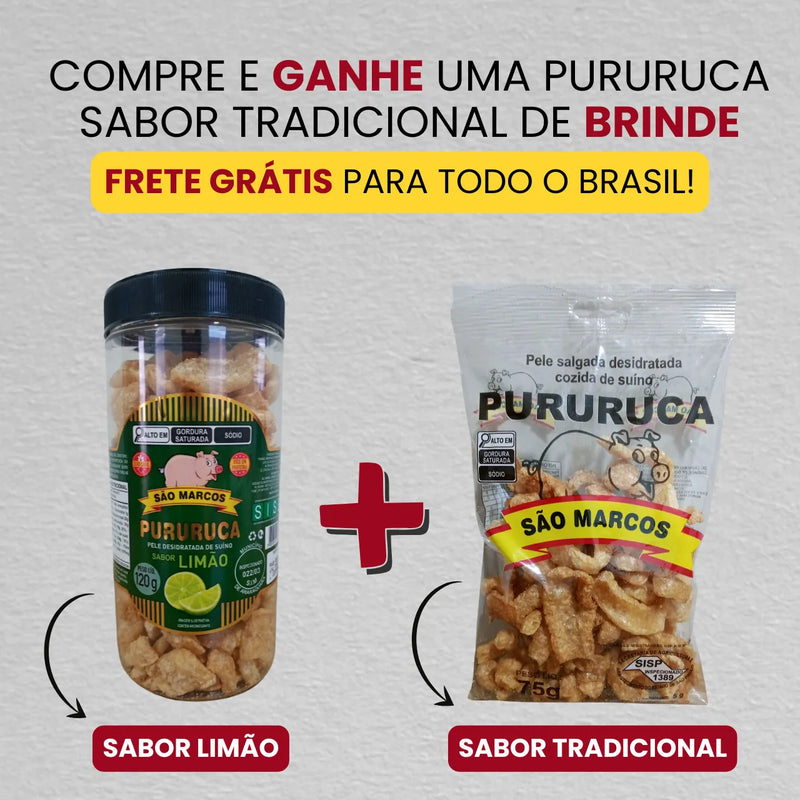 Torresmo Pururuca Crocante Premium Sabor Limão Pote 120g + Pururuca  Sabor Tradicional 75g de BRINDE