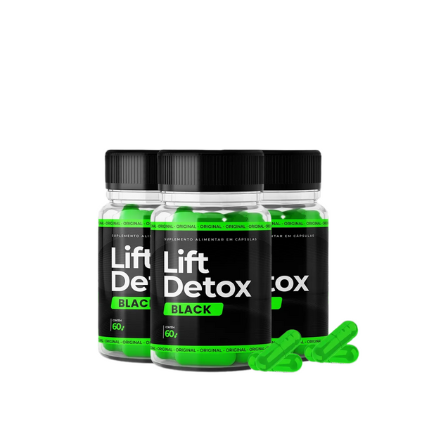 Kit com 3 potes de Lift Detox Black sobre fundo verde com cápsulas