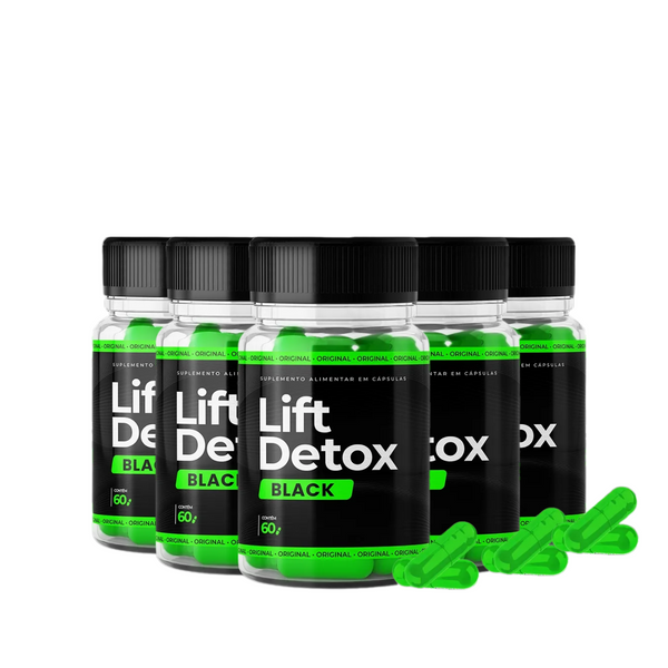 Kit promocional com 5 frascos de Lift Detox Black sobre fundo verde